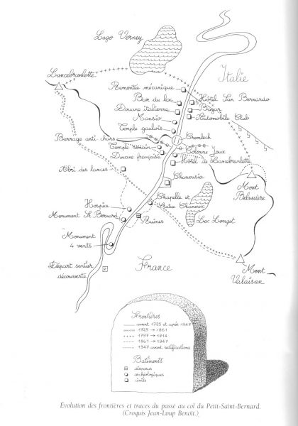 Spostamenti dei confini al colle del Piccolo San Bernardo, schizzo di Jean-Loup Benoit